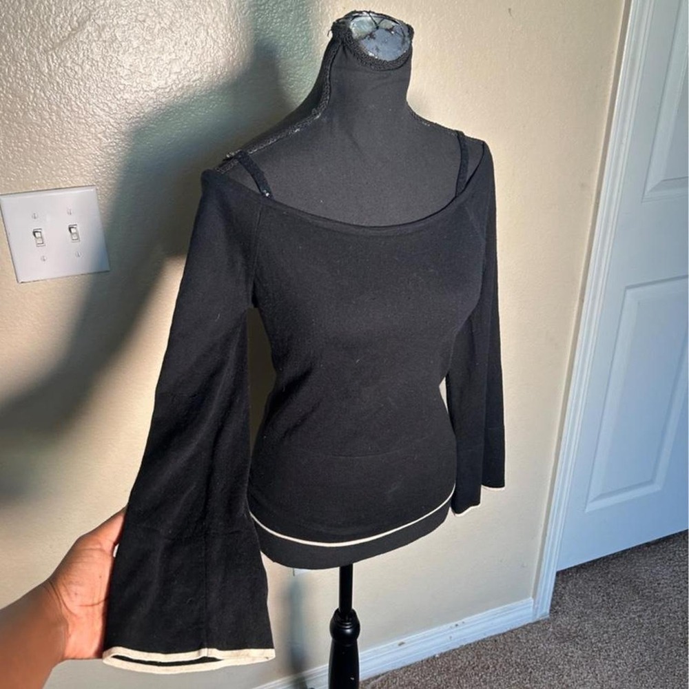 BCBG Max Azria Silk Merino Wool Black Y2K Scoop Neck Long Sleeve Top Trim S